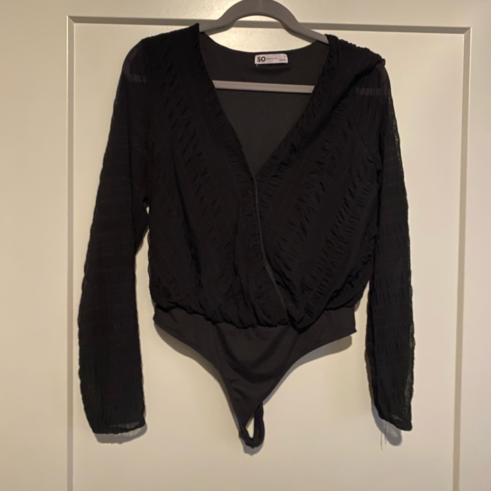 Juniors SO Long Sleeve Sheer Arm Wrap Front Bodysuit